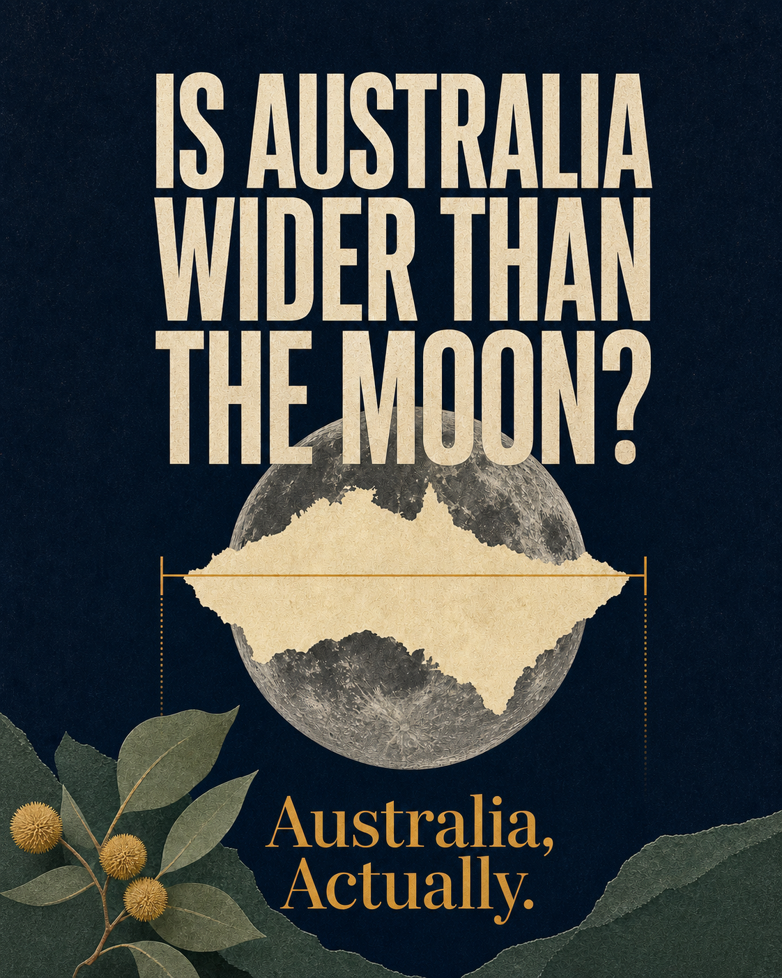Editorial poster asking whether Australia is wider than the Moon, with an Australian landform extending across a Moon disc.
